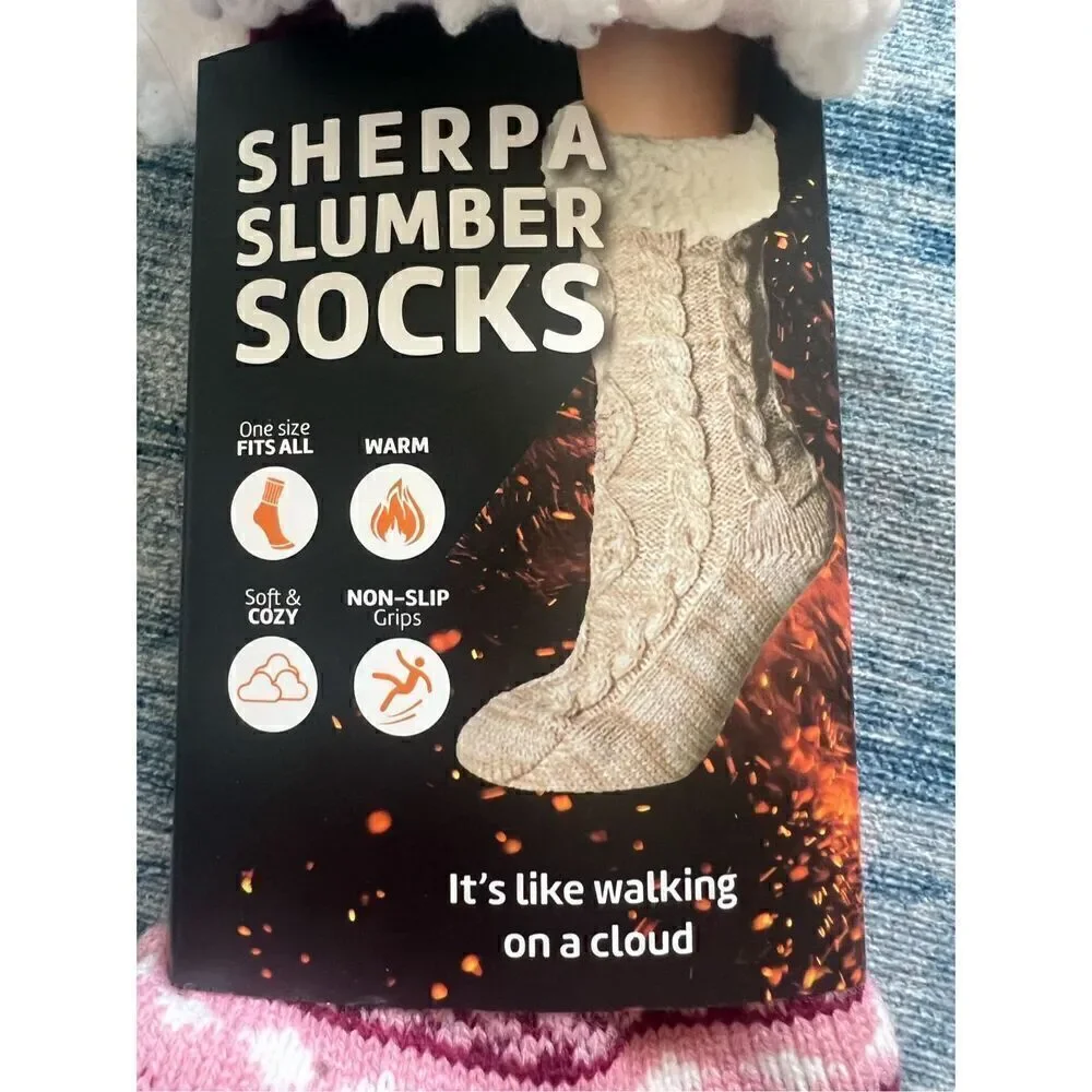 New! Heat Trendz Pink Red White Sherpa Slumber Slipper Socks One Size Fits All